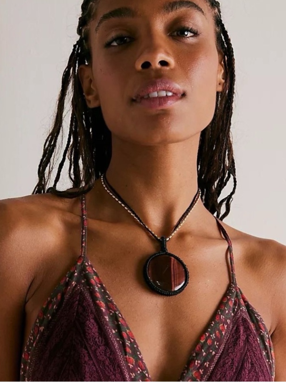 NWT Free People Brandy Pendant Choker Necklace Boho Stone Crochet Black Brown